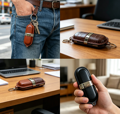 USB-Speicher aus Leder der Güteklasse A. USB-Stick aus Leder mit Güteklasse A-Chip und Lederaußenseite für Führungskräfte