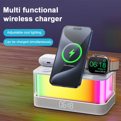 Qi-fähiges drahtloses Ladegerät und Bluetooth-Lautsprecher mit bunten Lichtern
